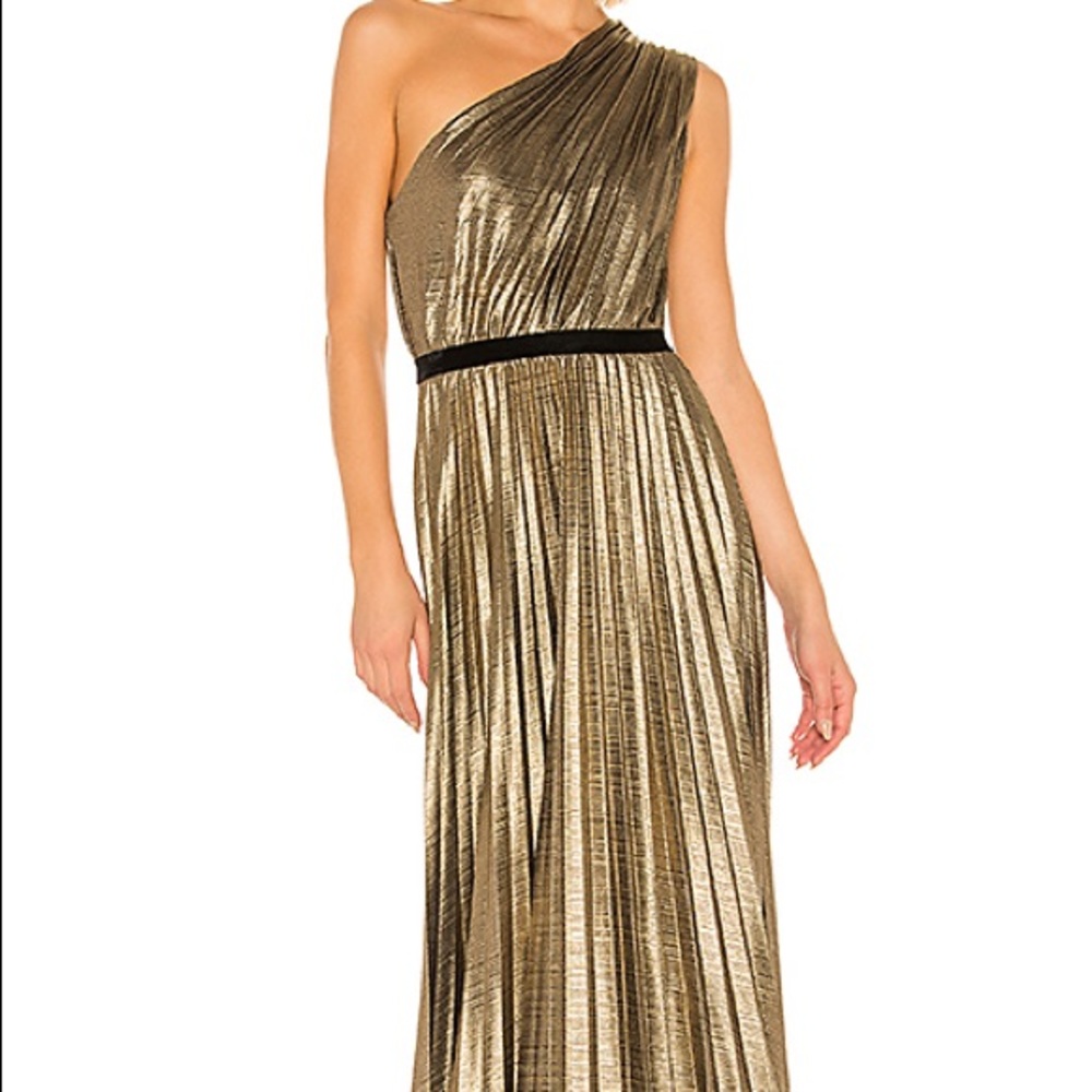 BCBGMAXAZRIA one shoulder Pleat Gown Gold